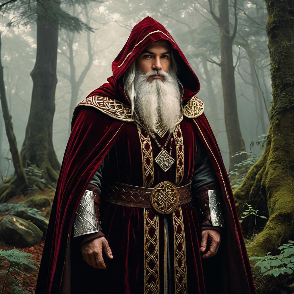 Medieval Wizard in Red Velvet Cloak Standing in Foggy Forest