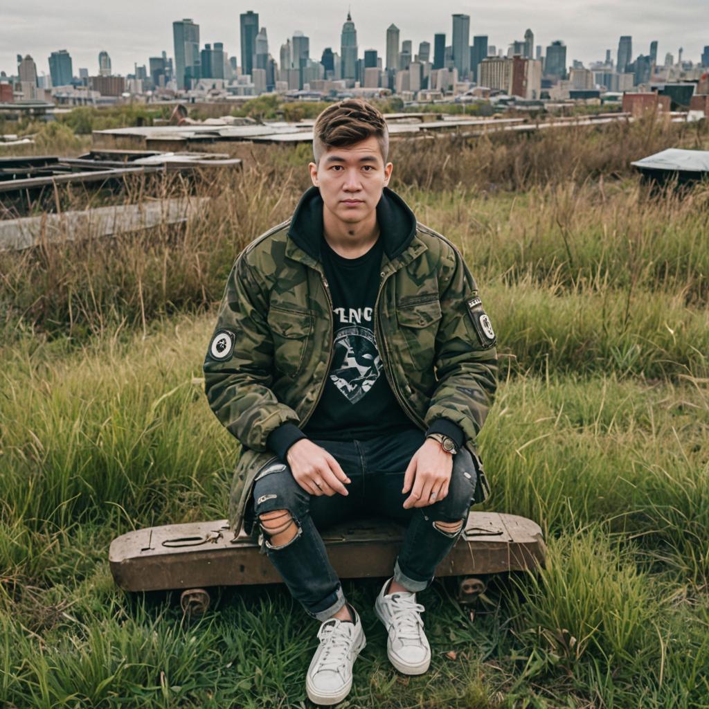 Confident Man in Camo Jacket and Ripped Jeans with Urban Skyline