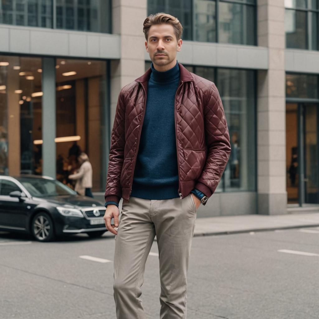 Stylish man in burgundy jacket and blue sweater