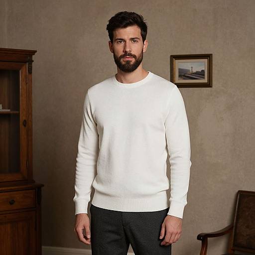 Man in White Sweater Standing Indoors with Vintage Interior