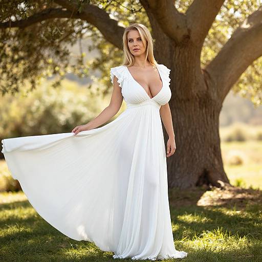 Elegant Woman in Flowing White Dress Outdoors by Tree