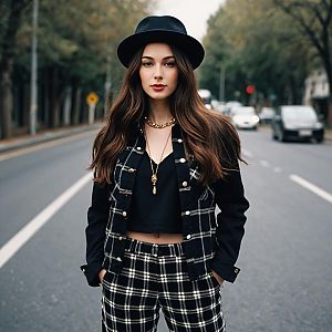 Confident woman in black and white plaid outfit