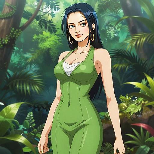 Anime Woman in Green Outfit Standing in Jungle Background