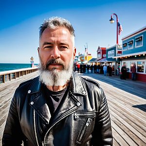 Confident Man on Boardwalk by Ocean