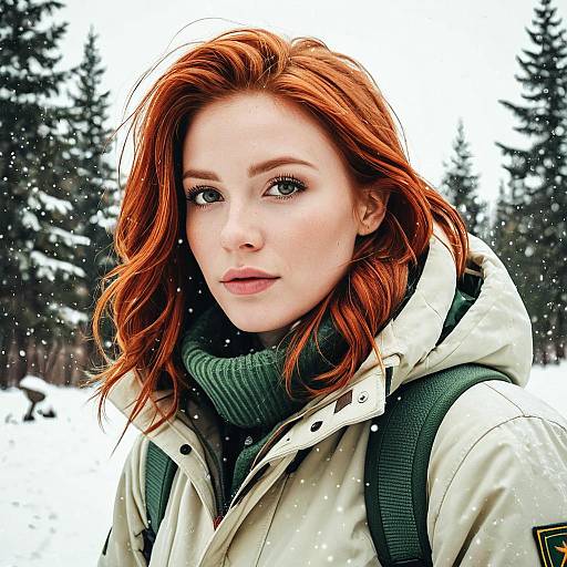 Portrait of Young Red-Haired Woman in Winter Forest Snow