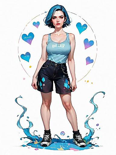 Realistic Comic Style Illustration of Woman in Casual Outfit with Blue Hair