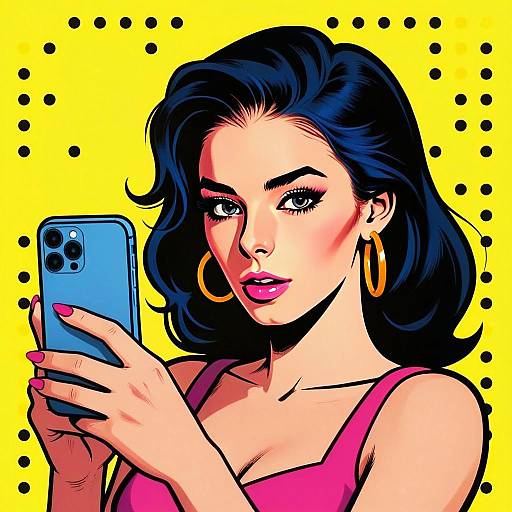 Pop Art Illustration of Young Woman with Smartphone in Bright Yellow Background