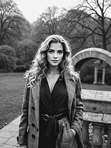 Confident Woman in Black and White Outdoor Setting