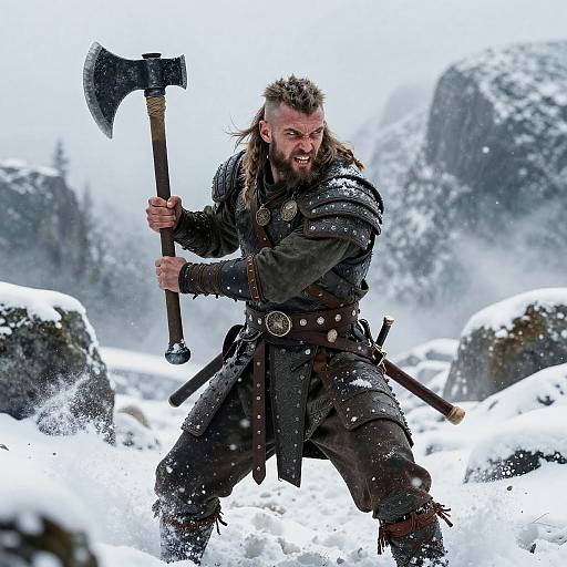 Fierce Viking Warrior in Snowy Battle Scene with Axe
