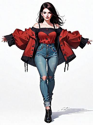Realistic Comic Style Woman in Casual Fashion Full Body Illustration