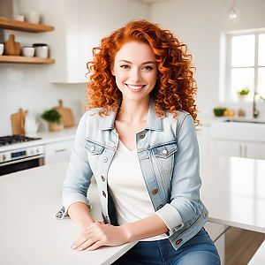 Cheerful Woman in Stylish Denim Jacket in Modern Kitchen