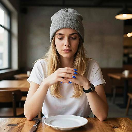 Young Woman in Gray Beanie Sitting at Cafe Table with Empty Plate