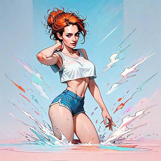Red-Haired Woman in Crop Top and Shorts Standing in Water Digital Art