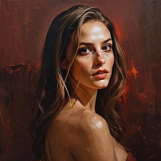 Realistic Oil Painting Portrait of Woman with Brown Hair and Warm Background