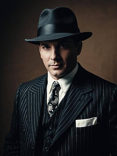 Vintage Gangster Man in Pinstripe Suit and Fedora Hat Studio Portrait