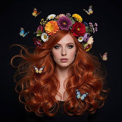 Redhead Woman with Floral Crown and Butterflies Portrait