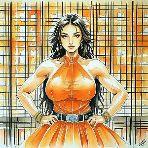 Confident Woman in Orange Dress with Abstract Background