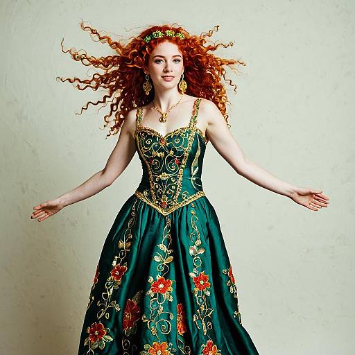 Red Haired Woman in Embroidered Emerald Green Vintage Gown