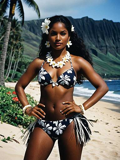 Hawaiian Woman in Traditional Flower Necklace Bikini on Tropical Beach