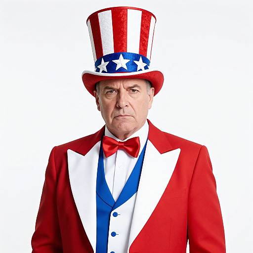 Man Dressed as Uncle Sam in Patriotic Red White and Blue Costume