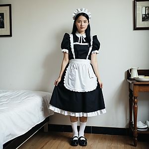 Young Woman Wearing Classic Long Maid Outfit with Headwear and Apron
