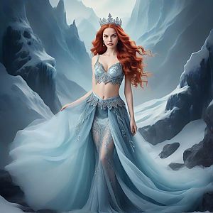 Regal Woman in Blue Gown with Crown in Icy Mountain Landscape