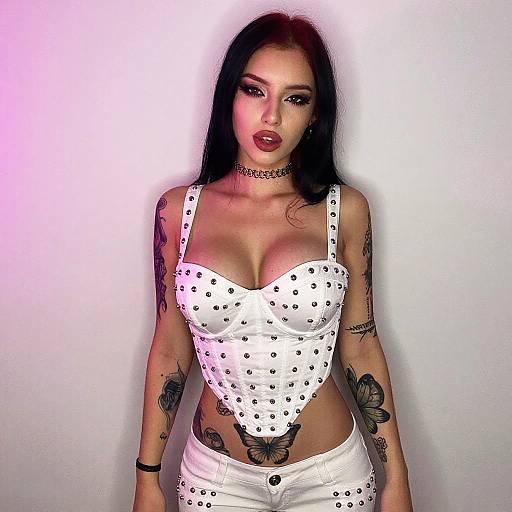 Stylish Woman in White Studded Corset Top with Tattoos