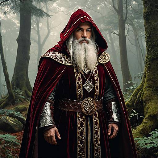 Medieval Wizard in Red Velvet Cloak Standing in Foggy Forest