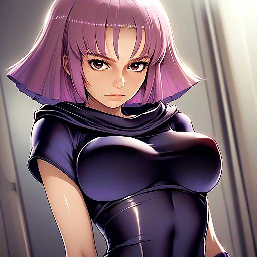 Anime Style Illustration of Woman with Pink Bob Hair in Black Outfit