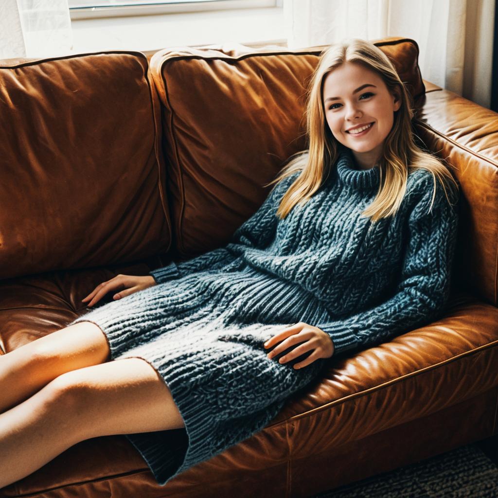 Young Woman Relaxing on Leather Couch in Blue Knitted Sweater Dress