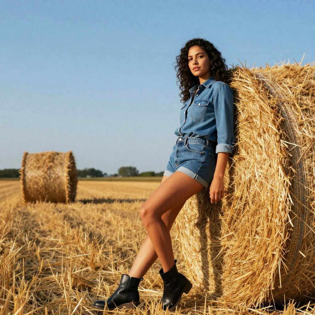 Stylish Gen Z Woman in Denim Posing by Hay Bale in Field