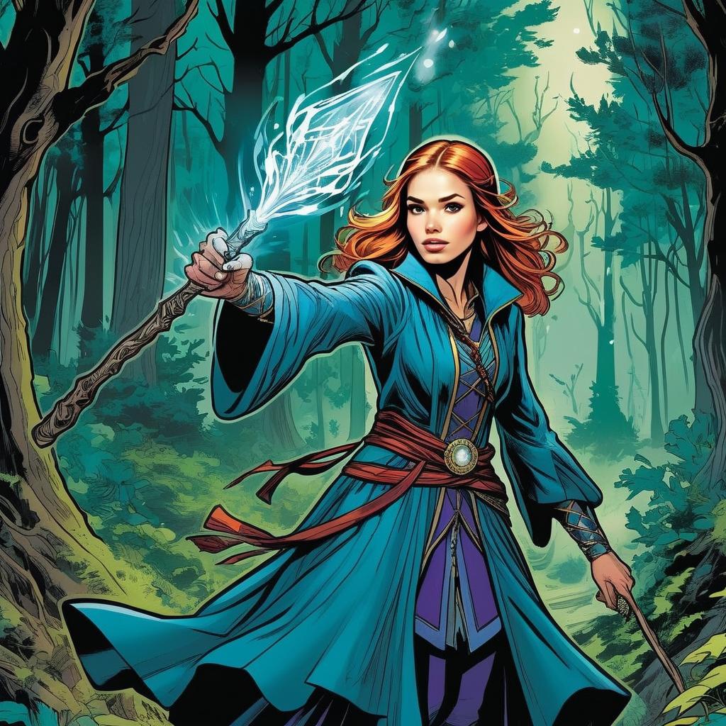 Confident Woman with Magical Staff in Mystical Forest
