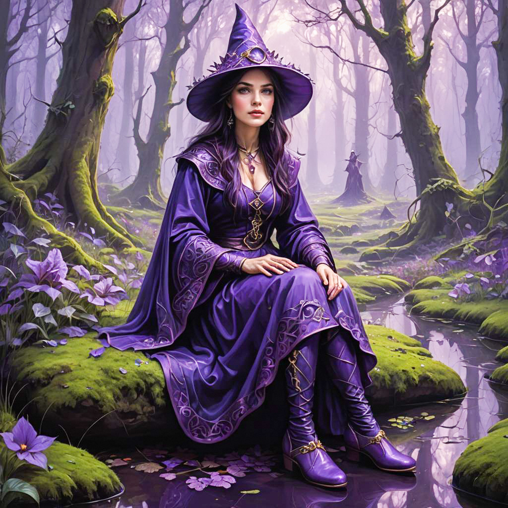 Mystical Woman in Purple Gown by Enchanted Stream