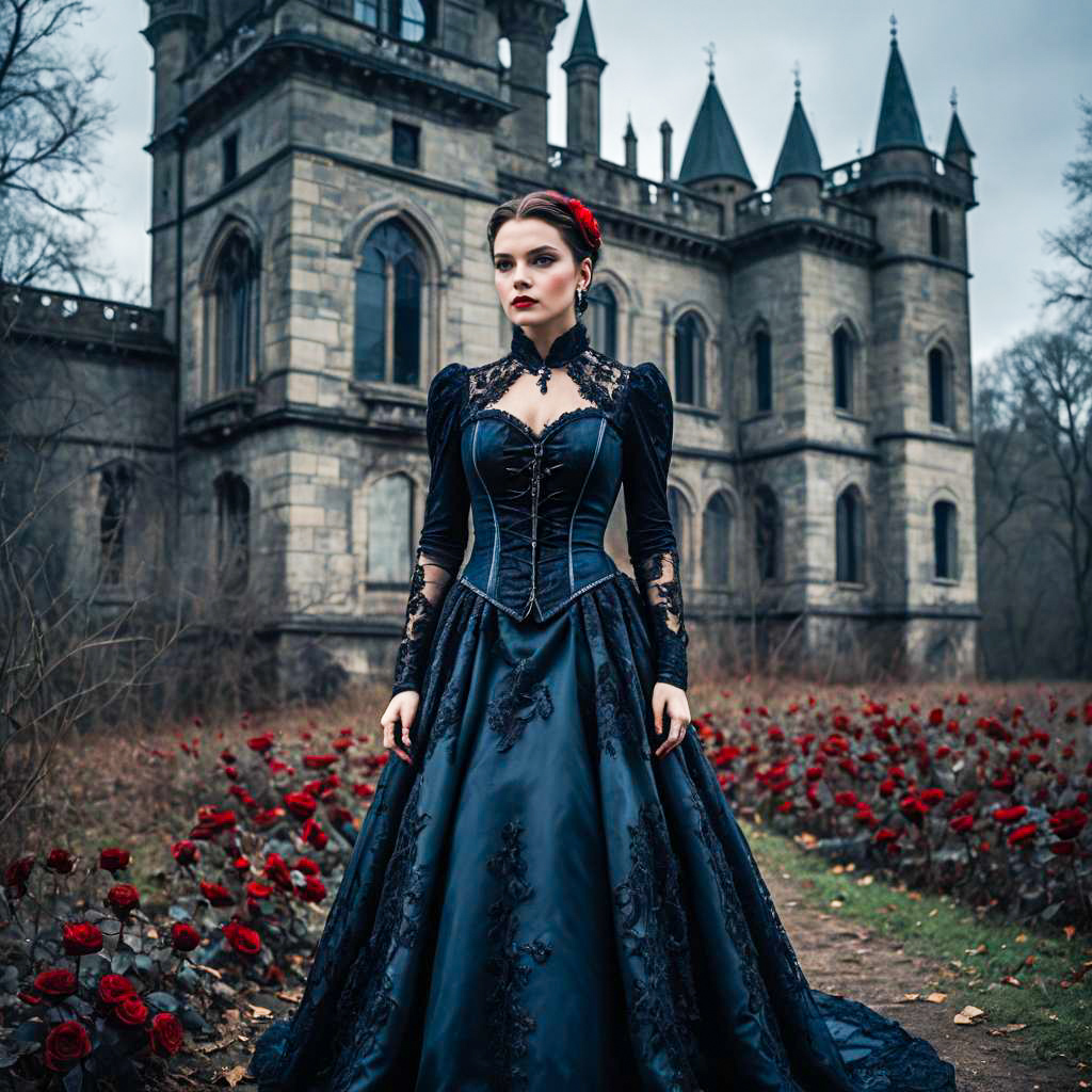 Gothic Victorian Woman in Black Dress with Red Roses and Castle Background