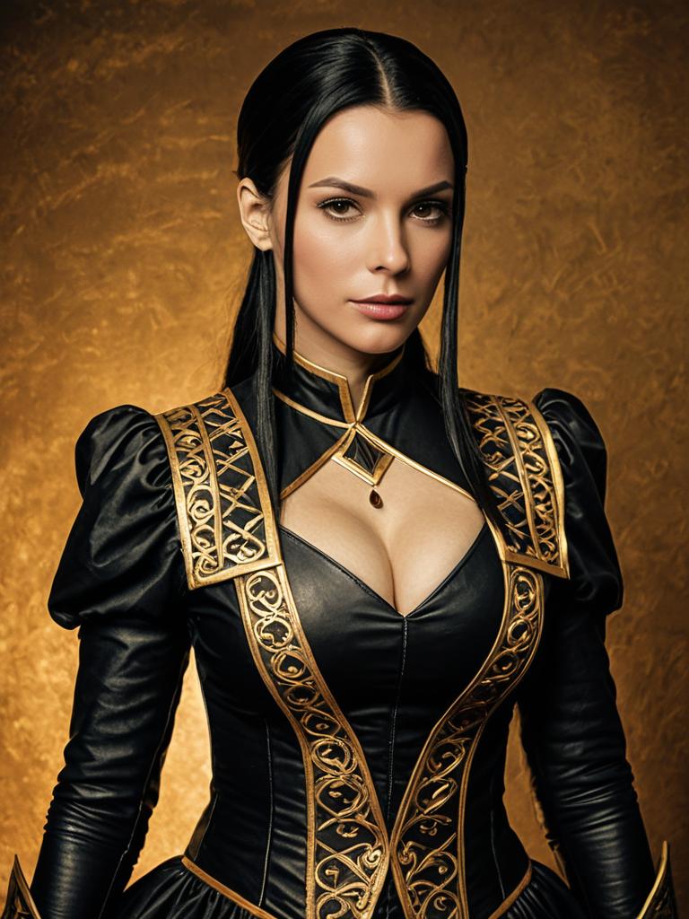 Sexy Woman in Detailed Nigredo Cosplay Costume with Black and Gold Leather