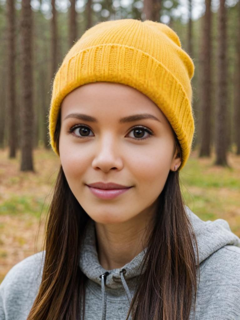 Woman in Yellow Beanie Smiling in Pine Forest