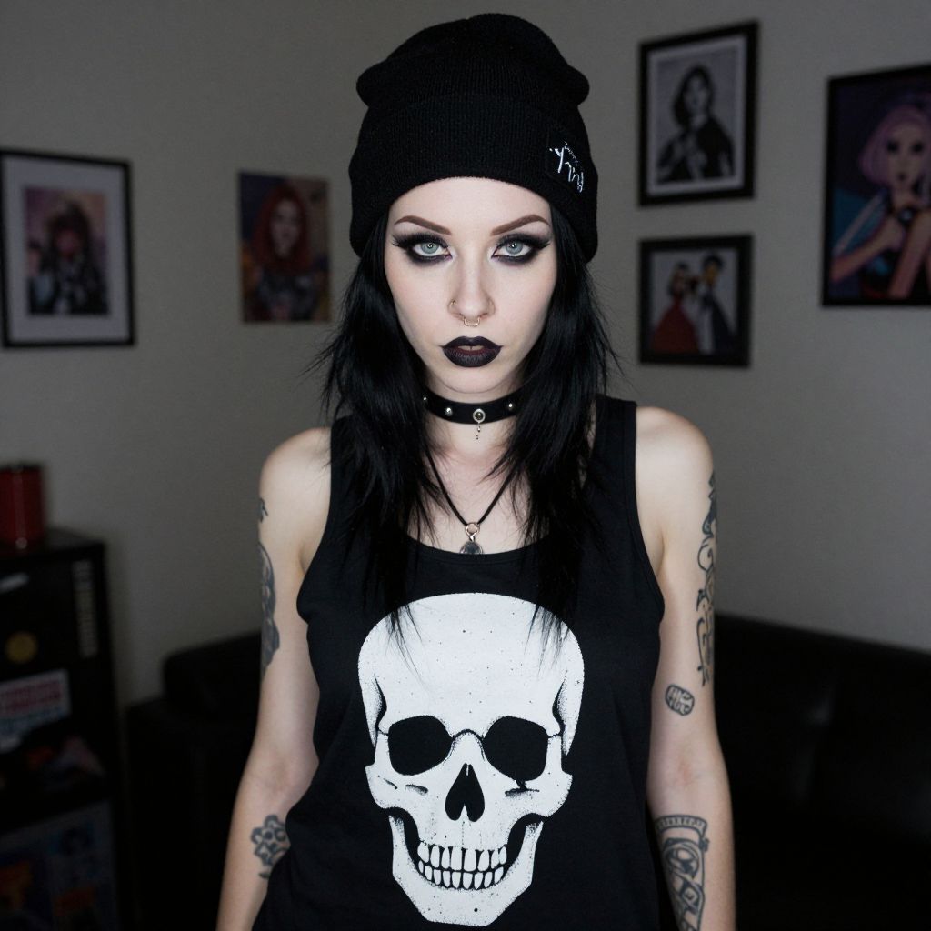 Gothic Woman Wearing Skull Print Tank Top and Black Beanie Indoors