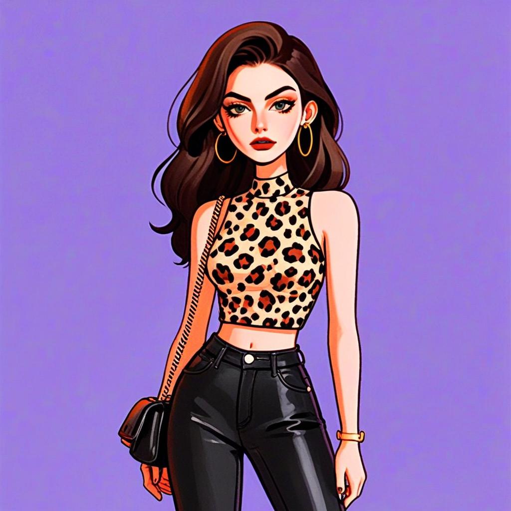 Edgy Woman Wearing Leopard Print Top and Black Pants Digital Illustration