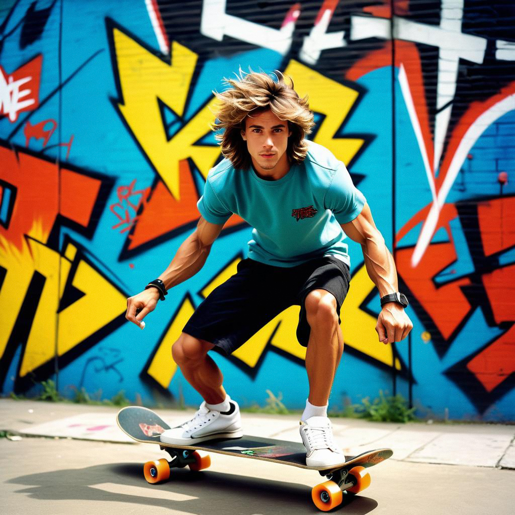 Dynamic Skateboarding in Front of Graffiti Wall