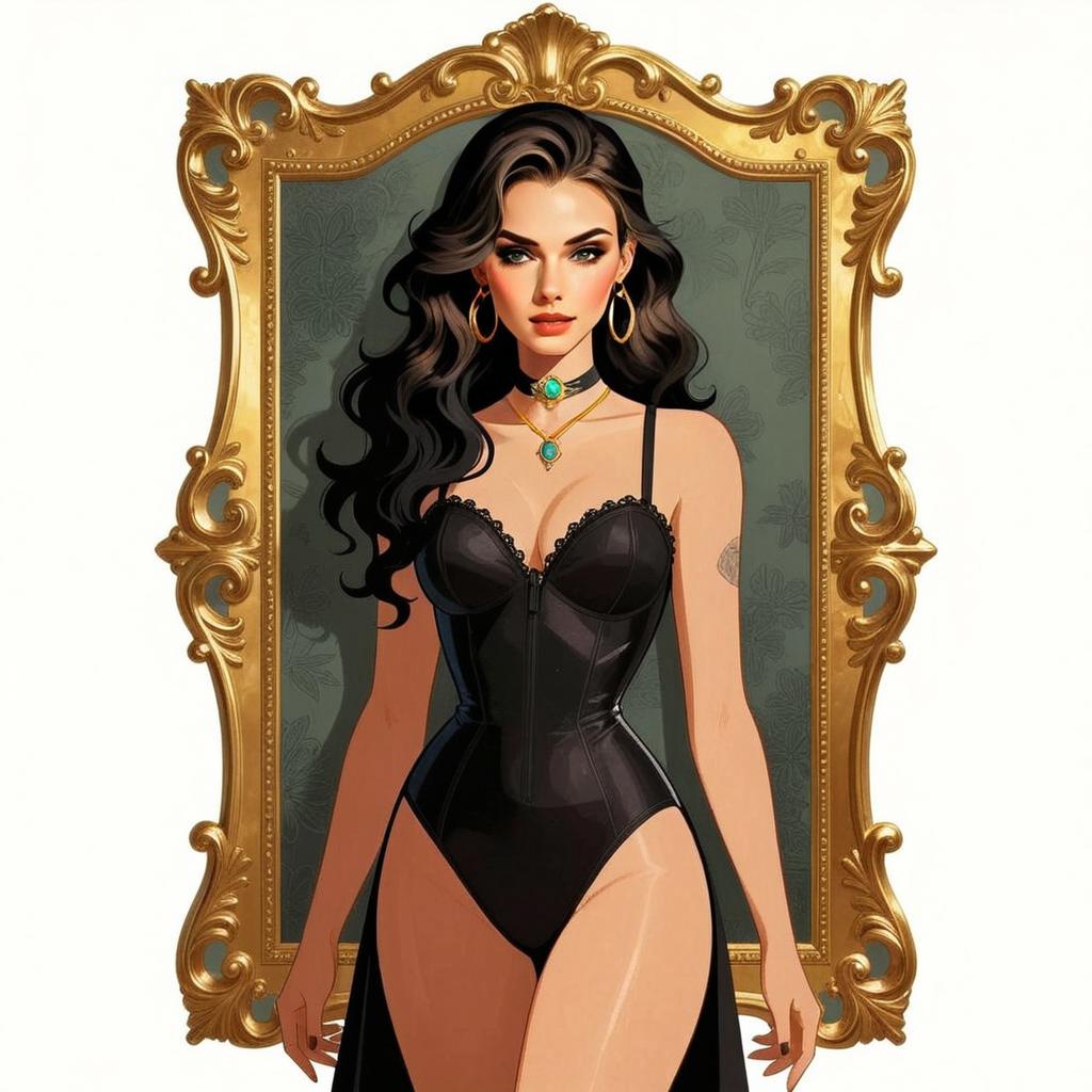 Elegant Woman in Black Corset Bodysuit with Gold Frame Portrait