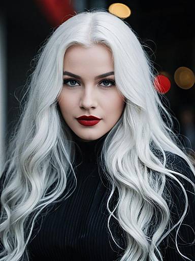 Portrait of Woman with Long White Hair and Bold Red Lipstick