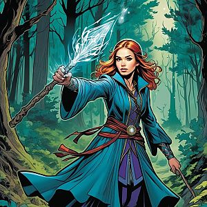 Confident Woman with Magical Staff in Mystical Forest