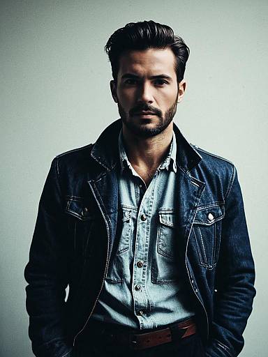 Man in Modern Denim Fashion Outfit Waist-Up Portrait Photorealistic