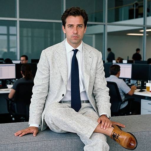 Confident Businessman in Light Grey Suit Sitting in Modern Office