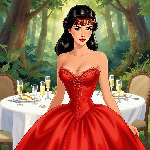 Elegant Woman in Red Corset Dress at Outdoor Table Digital Illustration