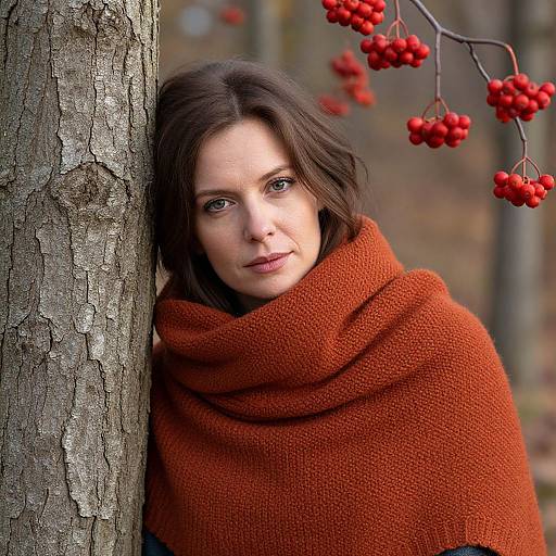Woman in Rust Knitted Shawl Leaning on Tree with Red Berries Autumn Forest