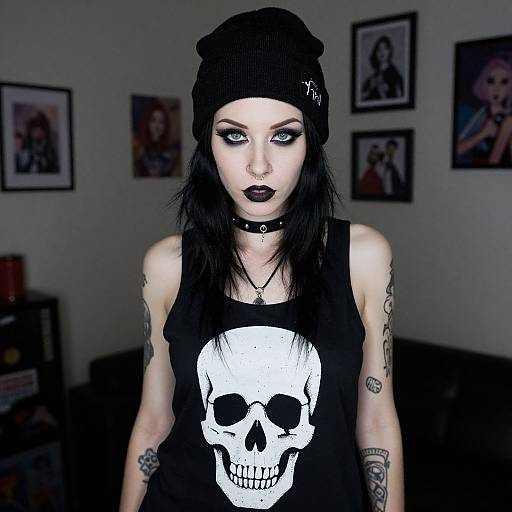 Gothic Woman Wearing Skull Print Tank Top and Black Beanie Indoors