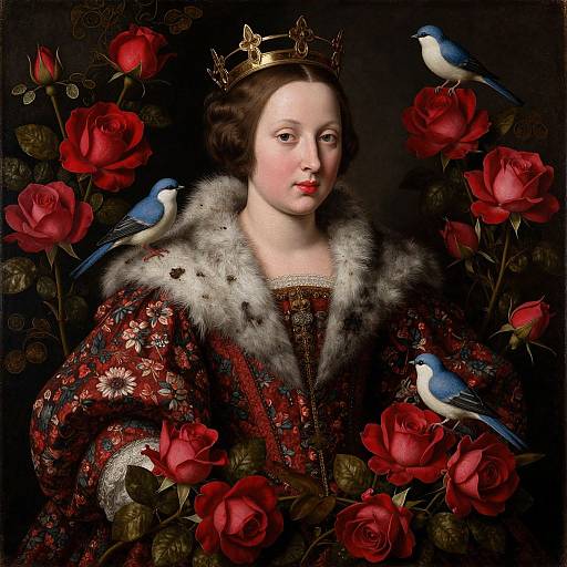 Regal Woman in Ornate Red Dress with Crown and Blue Birds Amidst Red Roses