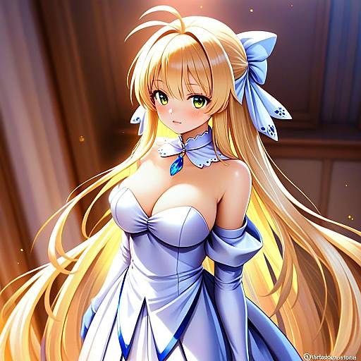 Anime Blonde Woman in Elegant White Dress with Blue Bow Illustration