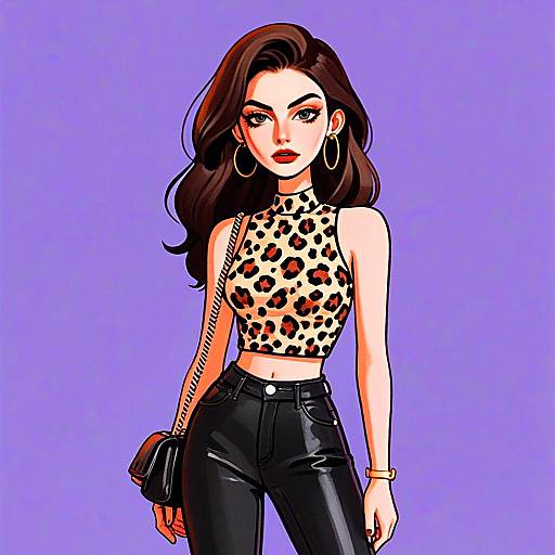 Edgy Woman Wearing Leopard Print Top and Black Pants Digital Illustration